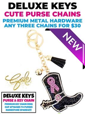 DeLuxe Keys Rhinestone Keychain/Purse Chain-Black Cowboy Boot & Awareness Ribbon